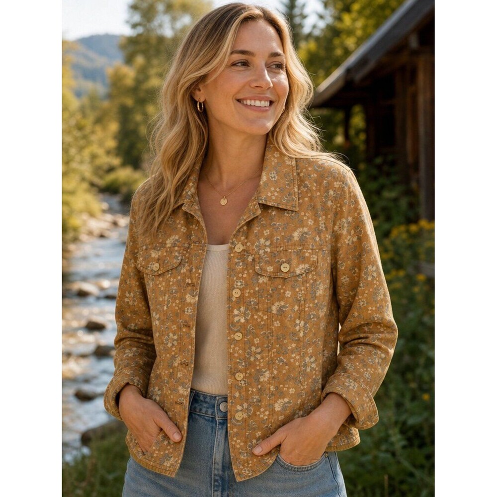 Orvis Floral Cotton Jean Jacket | Tan White Button Front Size Small